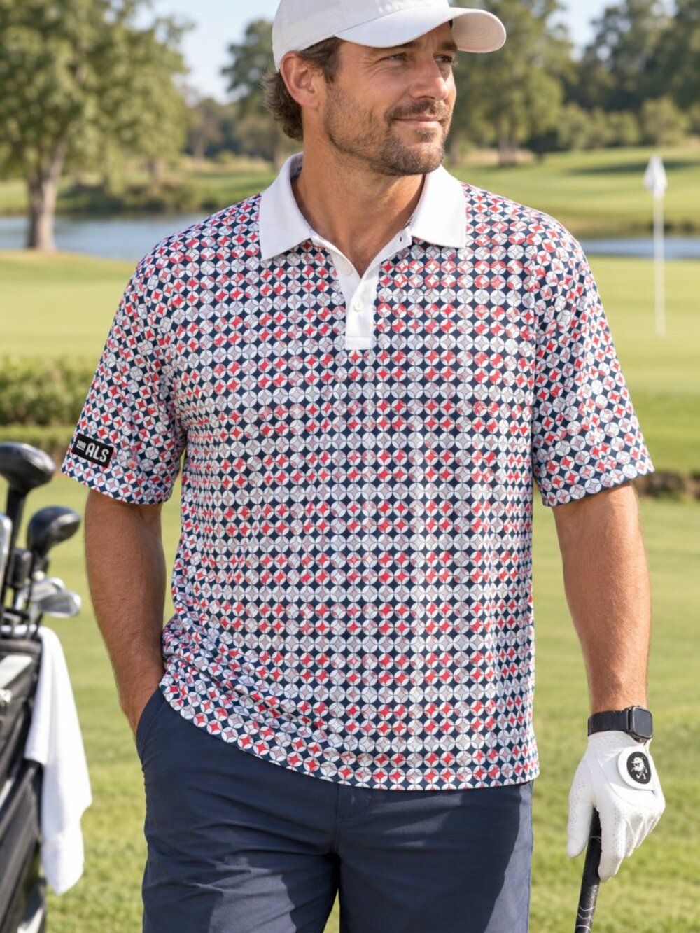 John Daly Collection Men’s XL Golf Polo Geometric Red White Blue I AM ALS